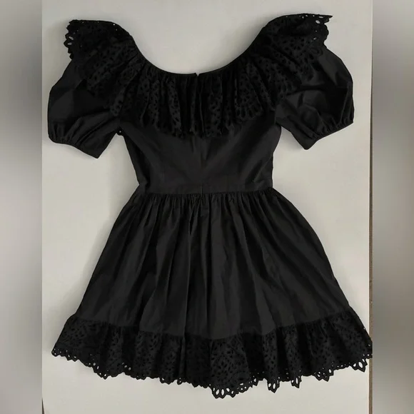 $2K Michael Kors Collection COTTON POPLIN PUFF-SLEEVE EYELET DRESS IN BLACK 6 - Picture 12 of 12